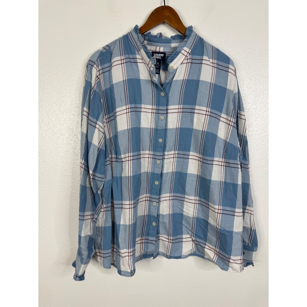 Lands End Blue Plaid Ruffle Collar Flannel Shirt Womens 3X 24W-26W Cotton Top